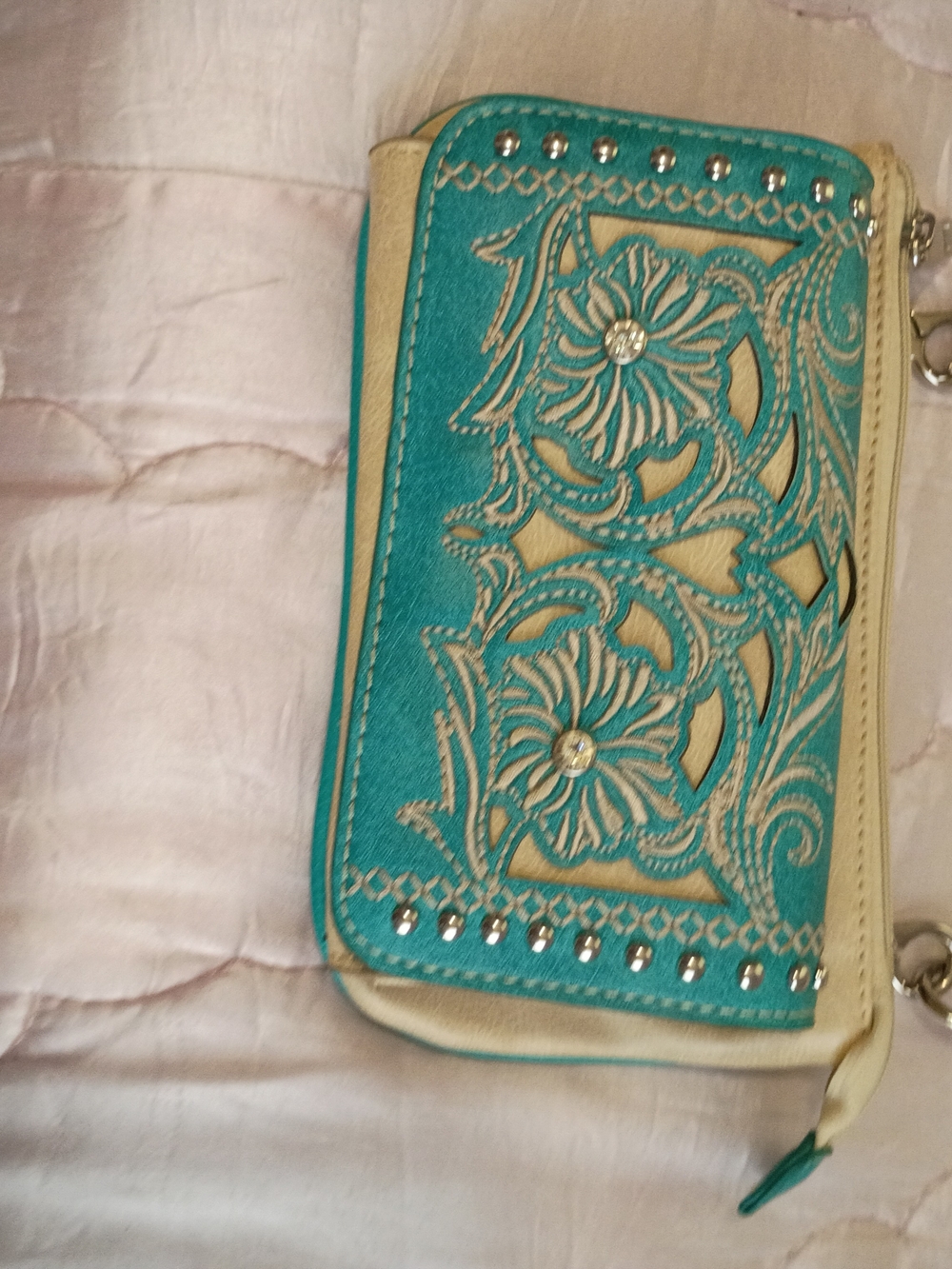 Turquoise Floral Tooled Wristlet Wallet - Unbranded